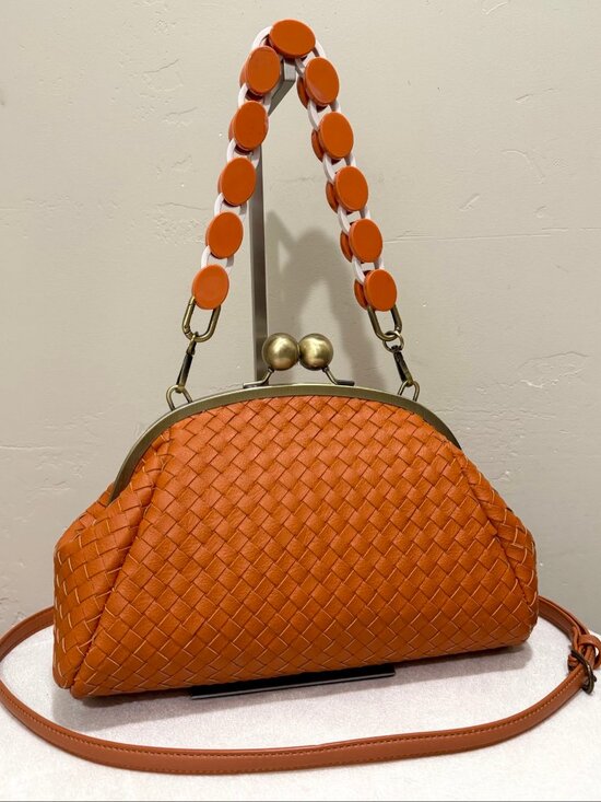 Handbags - Orange Woven Leather Handmade Kisslock Bag, Vintage Cowhide Crossbody
